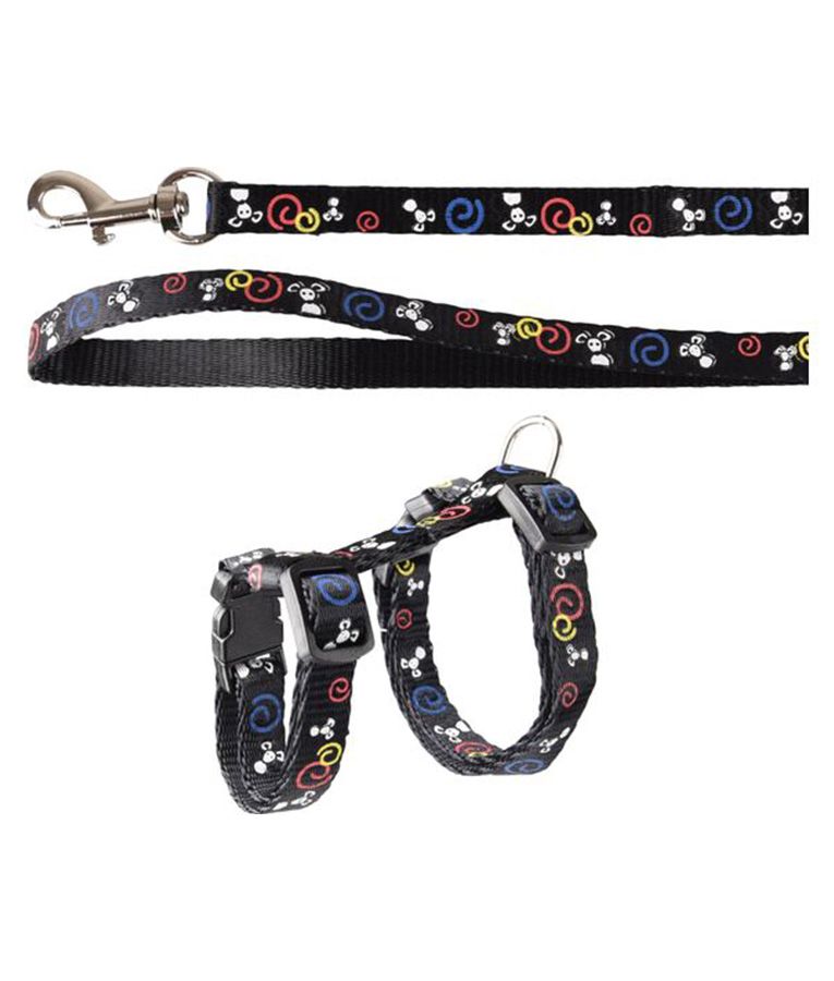 Flamingo Topo Mouse Motif Kitten Harness & Leash Black 20-35cm 10mm
