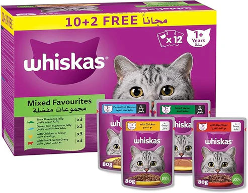 Whiskas Mixed Favourites Wet Cat Food 10+2 Multipack - 12X80G